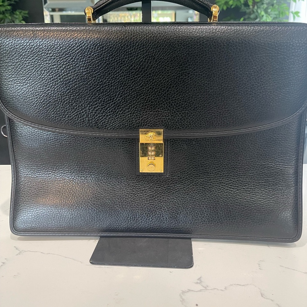 Authentic Versace, Elegant Black Leather Briefcase